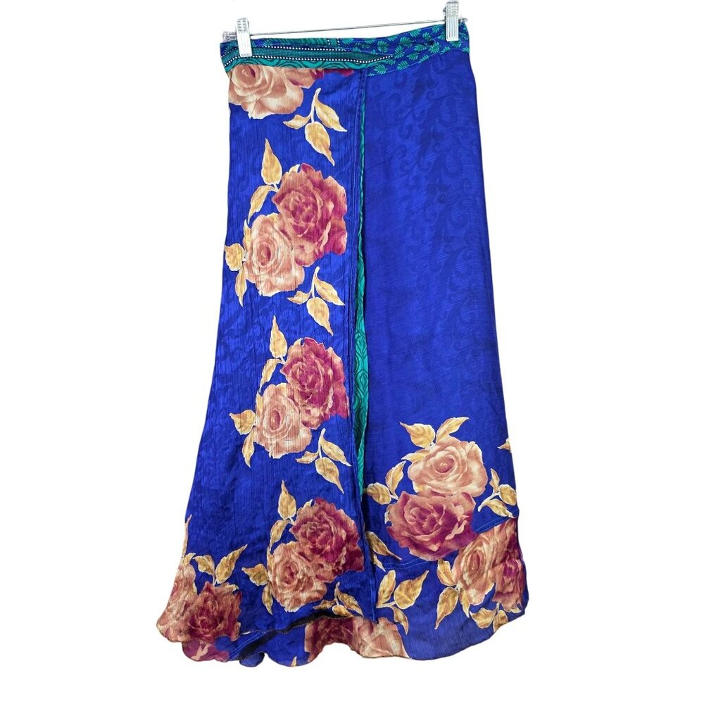 Womens Vintage Reversible Blue Indian 100% Silk Wrap Skirt Floral Print One Size